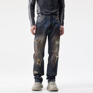 美式复古废土风破洞牛仔裤男泼墨涂鸦宽松直筒高街补丁脏脏长裤子