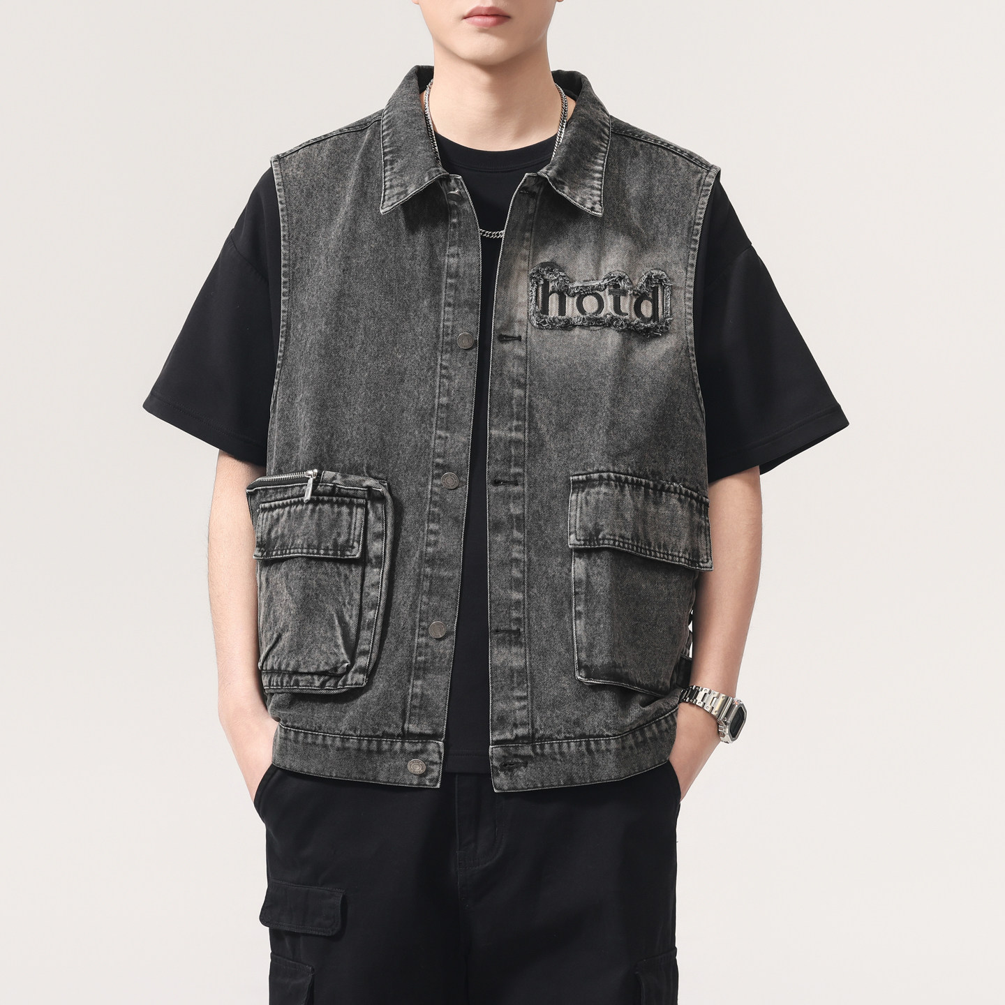 高端复古刺绣毛边工装牛仔马甲男款加大宽松痞帅坎肩无袖背心外套