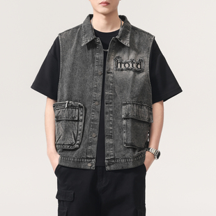 高端复古刺绣毛边工装牛仔马甲男款加大宽松痞帅坎肩无袖背心外套