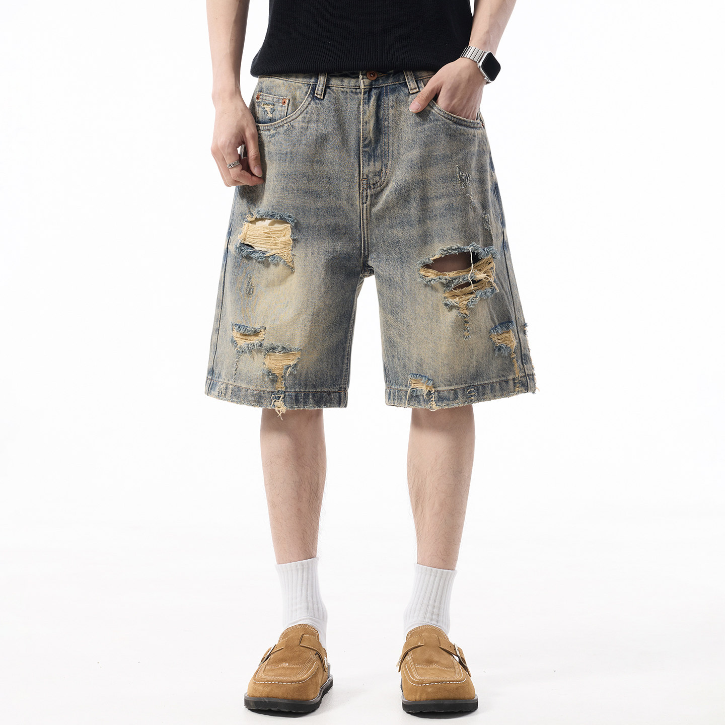 高端复古做旧破洞牛仔短裤男款宽松直筒中裤百搭休闲五分裤子潮流