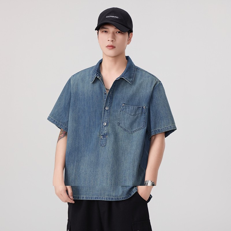 高端潮牌美式复古短袖牛仔衫男夏季薄款百搭套头翻领衬衣外套潮流
