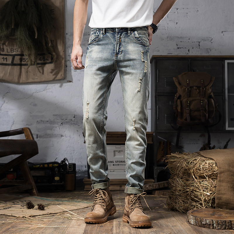 复古牛仔裤男潮牌破洞补丁修身直筒弹力韩版休闲怀旧百搭长裤流行