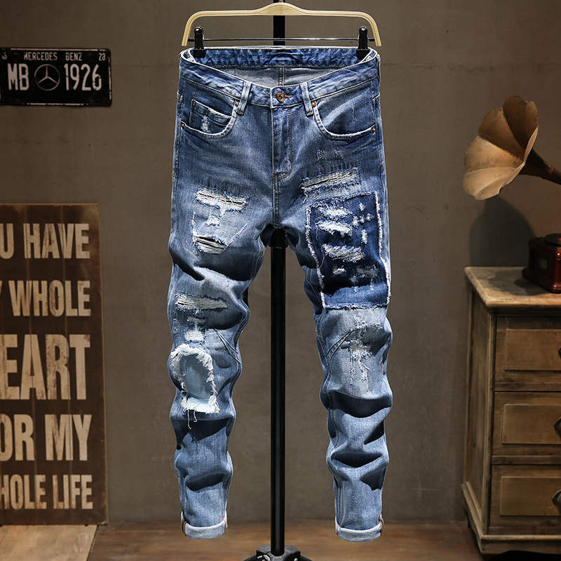 春秋季拉链补丁弹力牛仔长裤