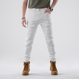 白色裤子男高级感春季新款修身机车工装裤直筒拼接潮流牛仔裤男款