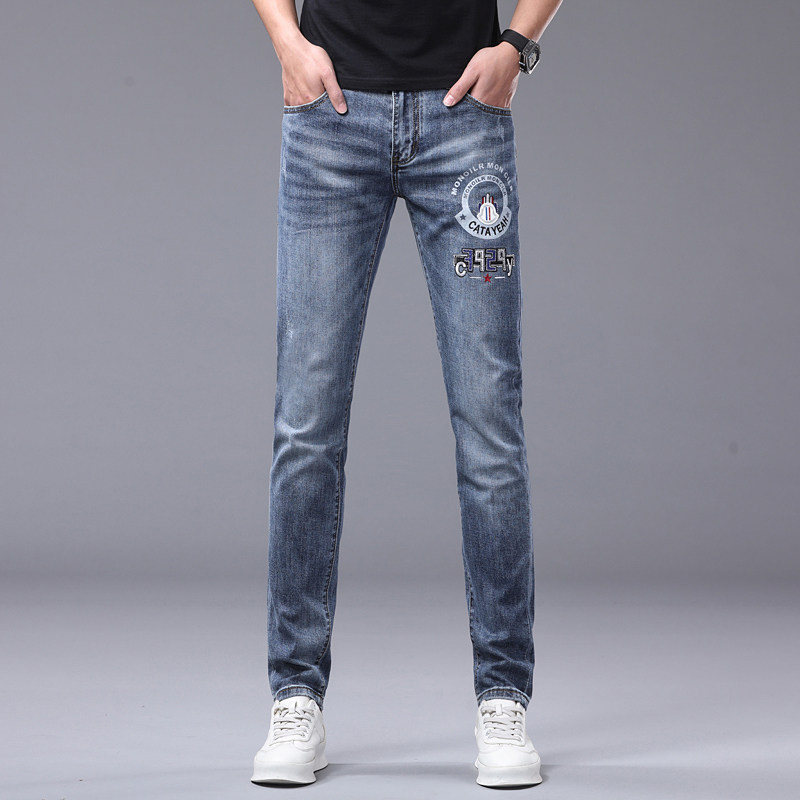 高端春季新款蓝色烫钻印花牛仔裤男款潮流修身弹力小脚休闲长裤子