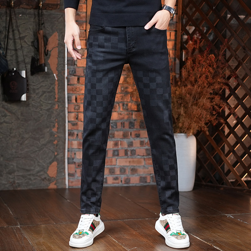 高端潮牌格子印花牛仔裤男款秋冬季修身小脚裤弹力舒适休闲长裤子