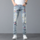 男款 春季 修身 欧货涂鸦泼墨破洞补丁浅色牛仔裤 弹力小脚休闲长裤 子