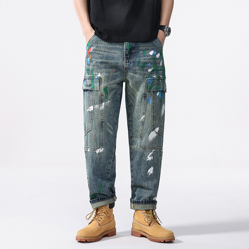 美式大口袋泼漆涂鸦牛仔裤男款宽松微锥复古蓝工装春秋季长裤子男