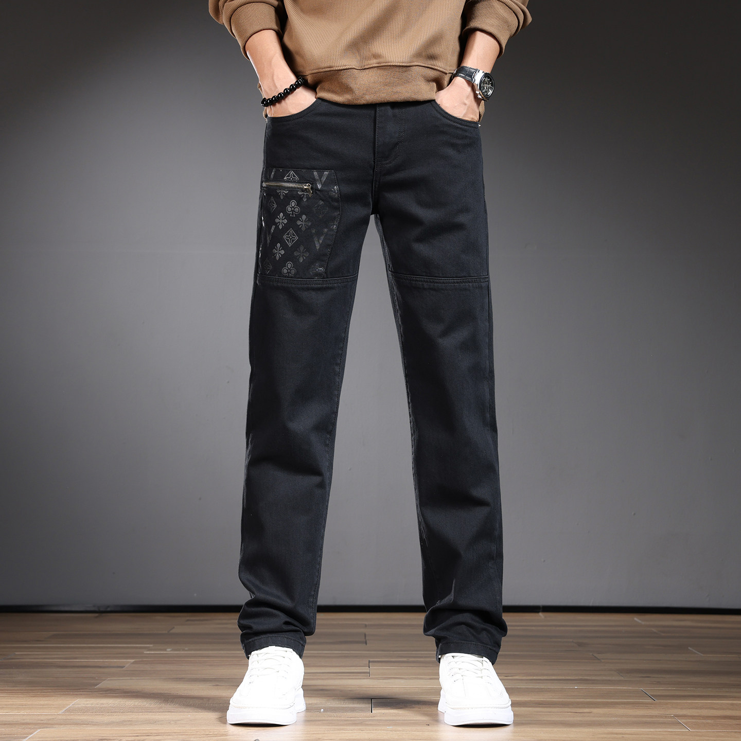 高端潮牌黑色工装牛仔裤男春秋季宽松小直筒裤潮流休闲长裤子潮流