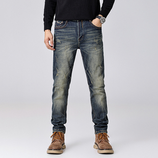 高端潮牌复古做旧牛仔裤男款春秋季修身小直筒休闲百搭长裤子潮流
