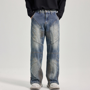 美式街头拉链垫片机车风拼接牛仔裤男宽松直筒高街风痞帅阔腿裤子