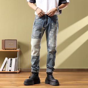 不规则拼接补丁牛仔裤男弹力修身小脚裤高街潮牌百搭多口袋长裤子