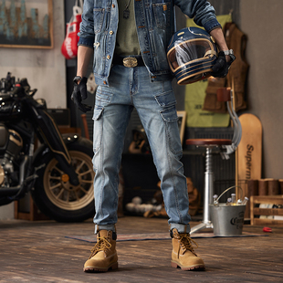 复古拼接牛仔裤男美式高端潮流修身个性工装多口袋机车小脚长裤子