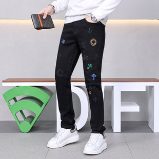 高端潮牌复古十字架刺绣印花黑色牛仔裤男款春秋季修身小脚长裤子