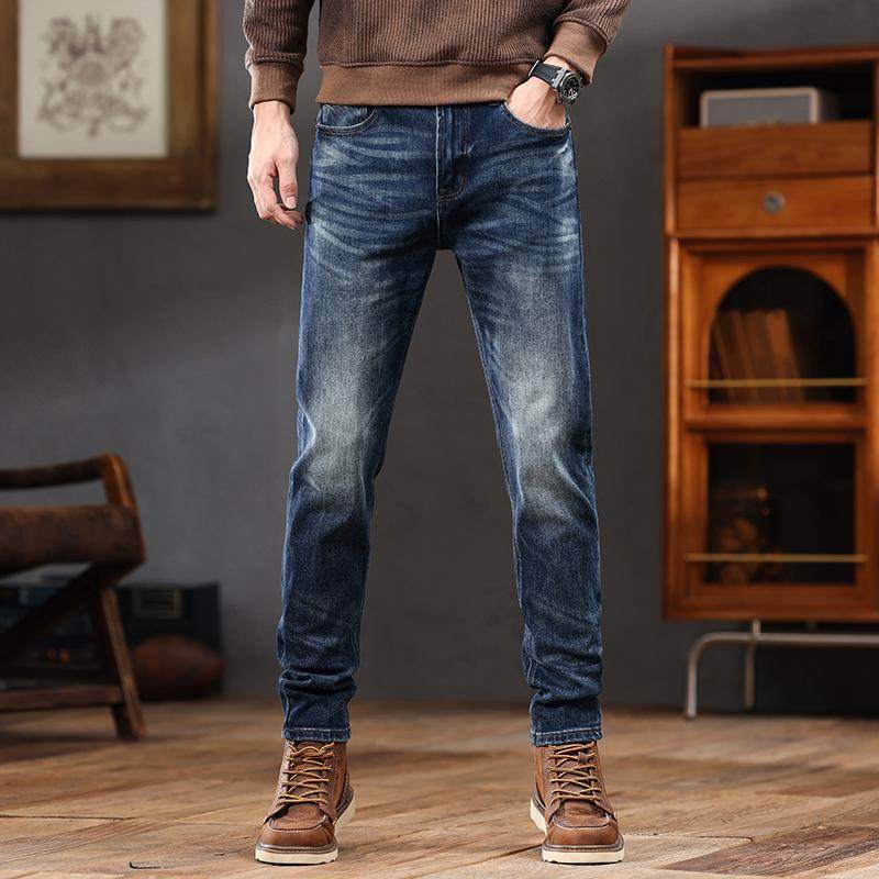 高端复古牛仔裤男款秋冬季美式水洗修身小直筒2024新款百搭长裤子