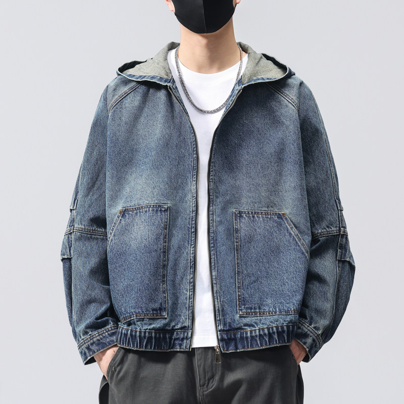高端复古连帽拉链牛仔外套男