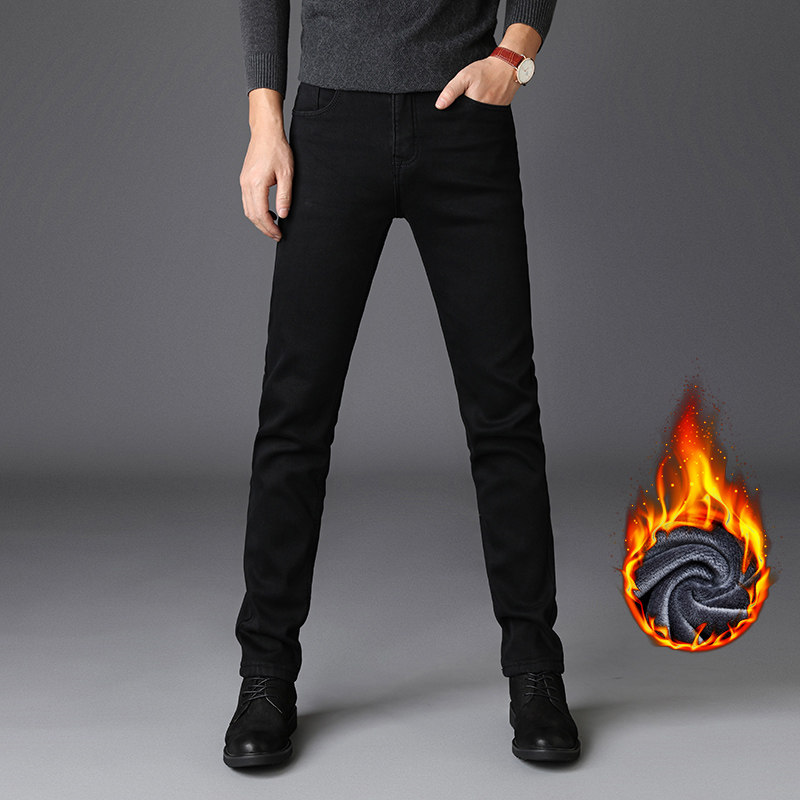 秋冬季水洗不掉色黑色加绒牛仔裤男款修身小脚百搭弹力休闲长裤子