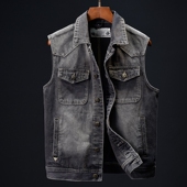 无袖 牛仔马甲男复古水洗做旧修身 坎肩帅气上衣潮牌 翻领工装 春秋季