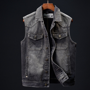 无袖 牛仔马甲男复古水洗做旧修身 坎肩帅气上衣潮牌 翻领工装 春秋季