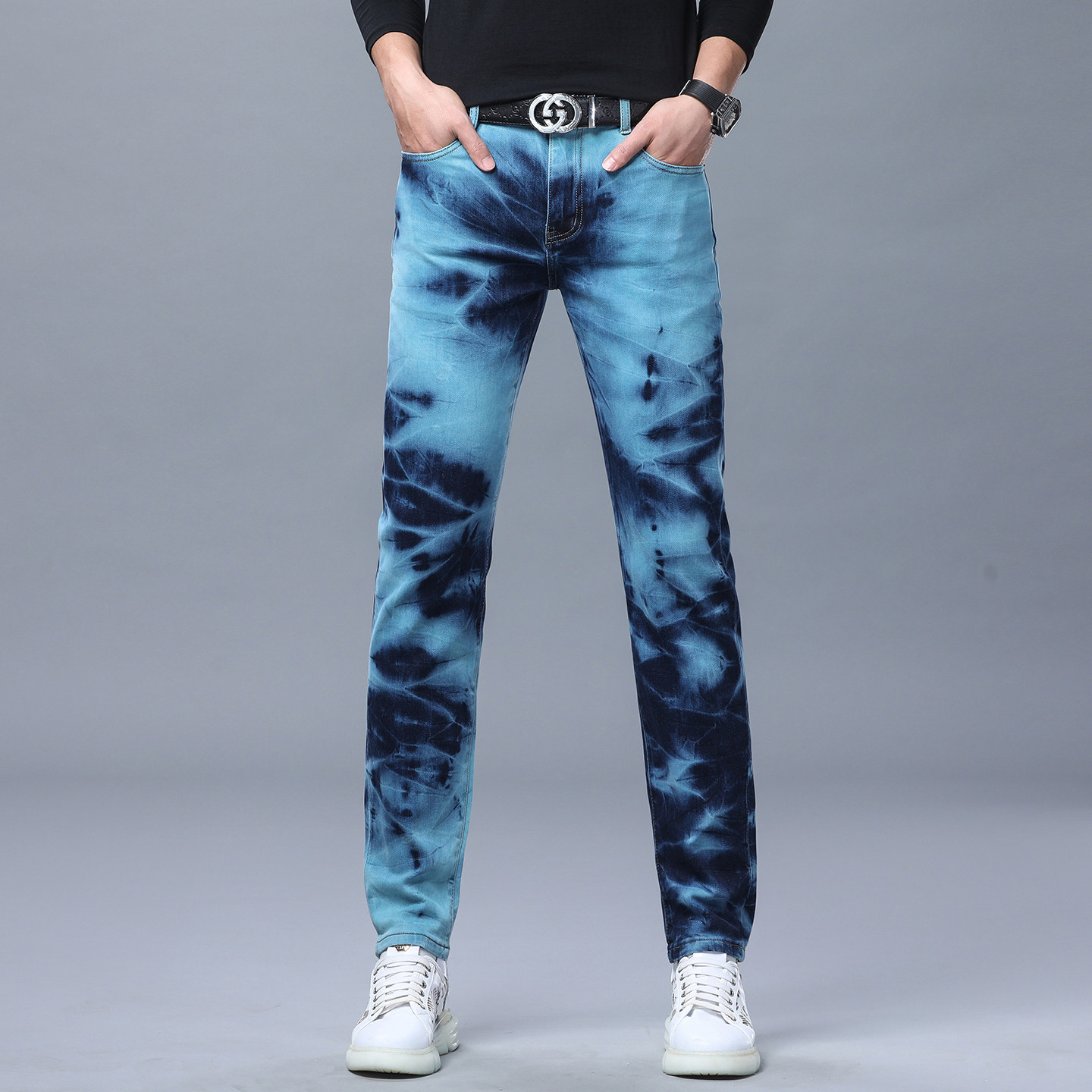 高端不规则扎花轻奢牛仔裤男弹力渐变色休闲韩版修身小脚显瘦长裤,男装,牛仔裤,淘宝优惠券,粉丝福利购,淘宝优惠卷