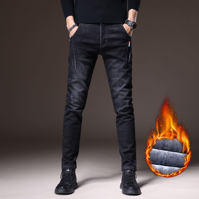 2022新款加绒加厚牛仔裤男冬季流行舒适修身显瘦小脚休闲长裤子男