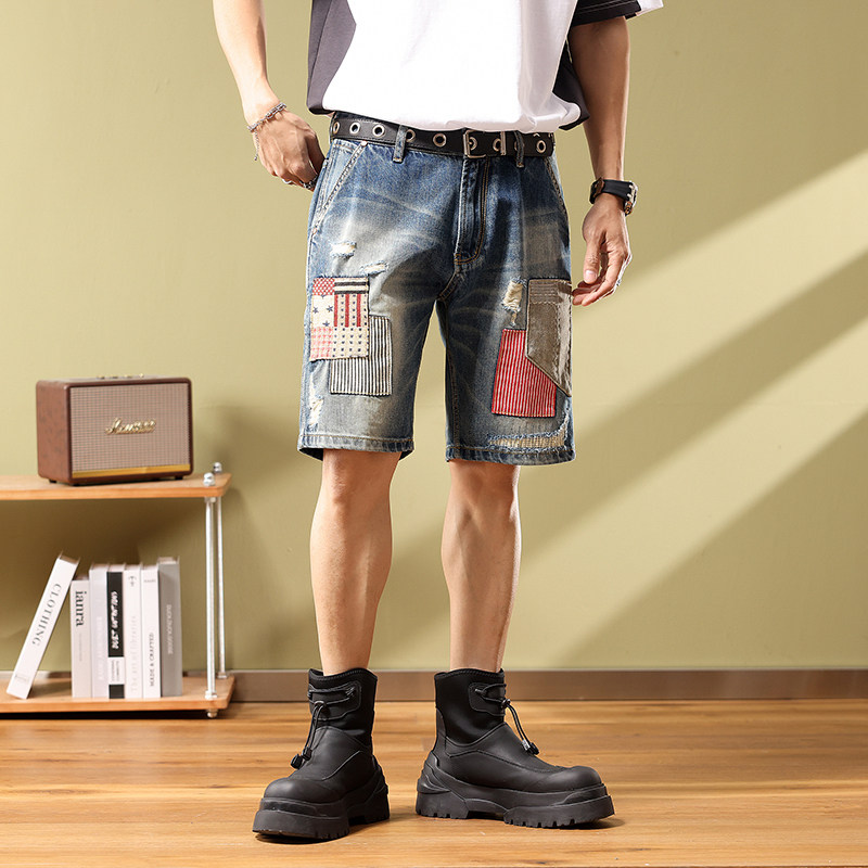 香港潮牌复古破洞牛仔短裤男撞色拼接补丁宽松直筒五分休闲中裤子