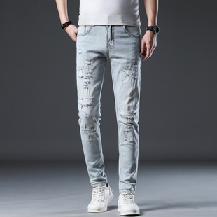 高端痞帅破洞补丁牛仔裤男款复古潮牌修身小脚乞丐炸街弹力长裤子