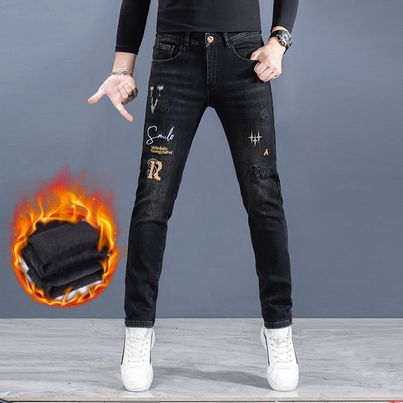 2025年秋冬款加绒加厚黑色牛仔裤男刺绣弹力修身小脚休闲长裤百搭