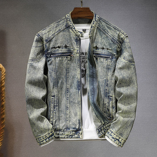 美式高端立领拉链牛仔外套男生美式复古设计感百搭工装夹克春秋季