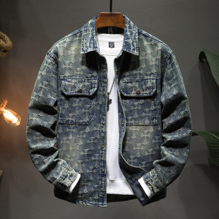 百搭休闲衬衣外套 宽松大码 高端复古十字提花牛仔衬衫 男潮牌春秋季