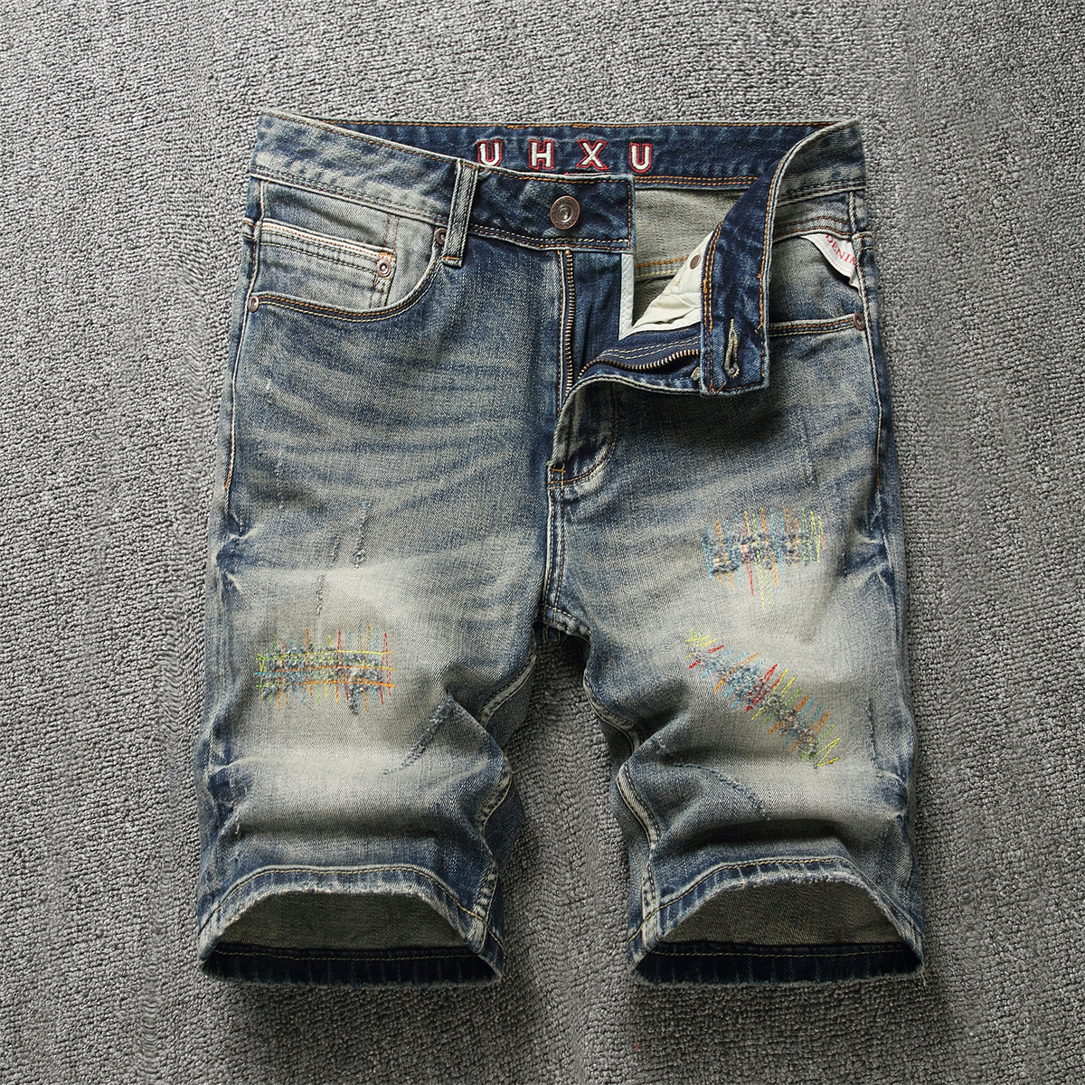 高端刺绣破洞牛仔短裤男士夏季新款潮牌修身直筒复古五分中裤外穿