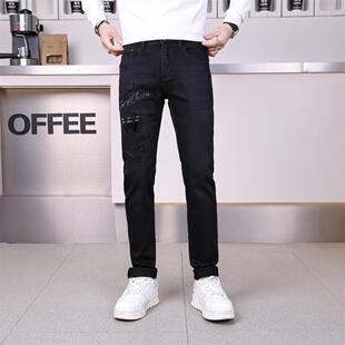 高端黑色刺绣加绒牛仔裤男款秋冬季修身小脚裤弹力百搭休闲长裤子