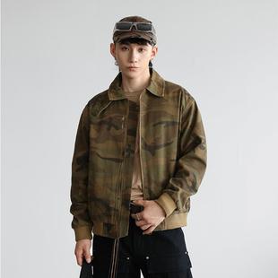 卡其迷彩牛仔外套男士美式高街秋冬季潮牌复古做旧宽松飞行员夹克
