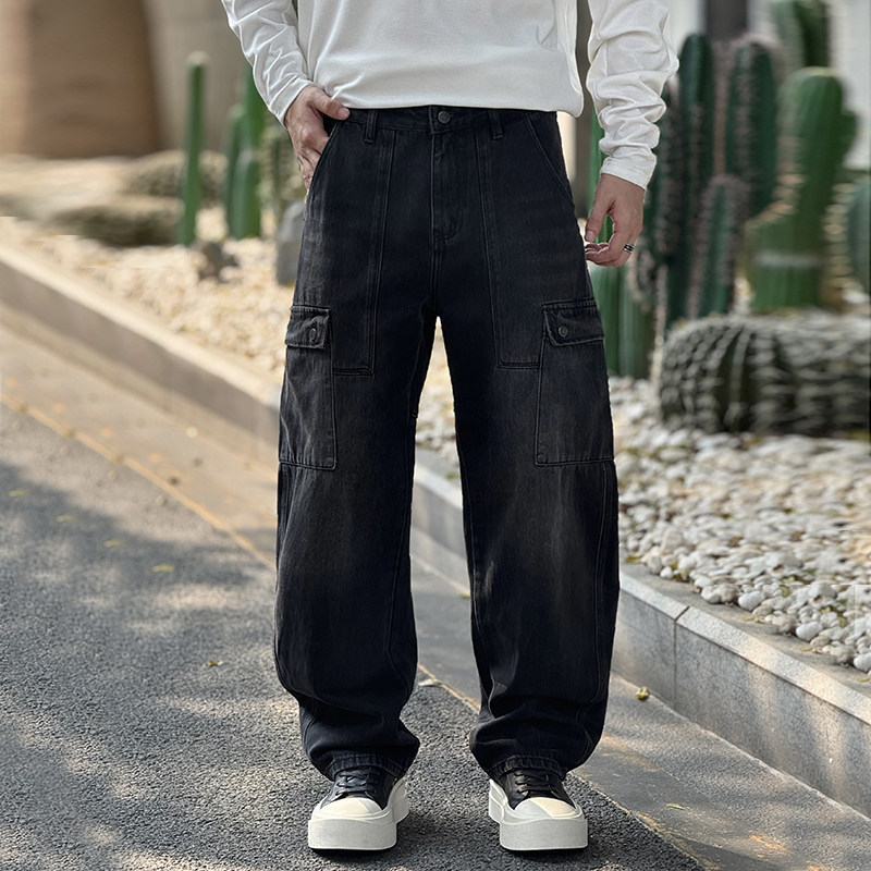 秋冬季美式痞帅重磅复古工装牛仔裤男直筒宽松百搭阔腿休闲长裤子