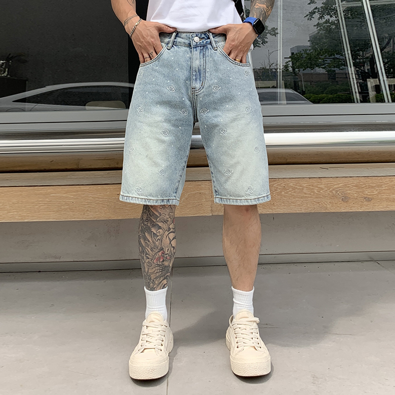 高端刺绣牛仔短裤男夏季新款美式高街百搭宽松直筒五分中裤子潮流