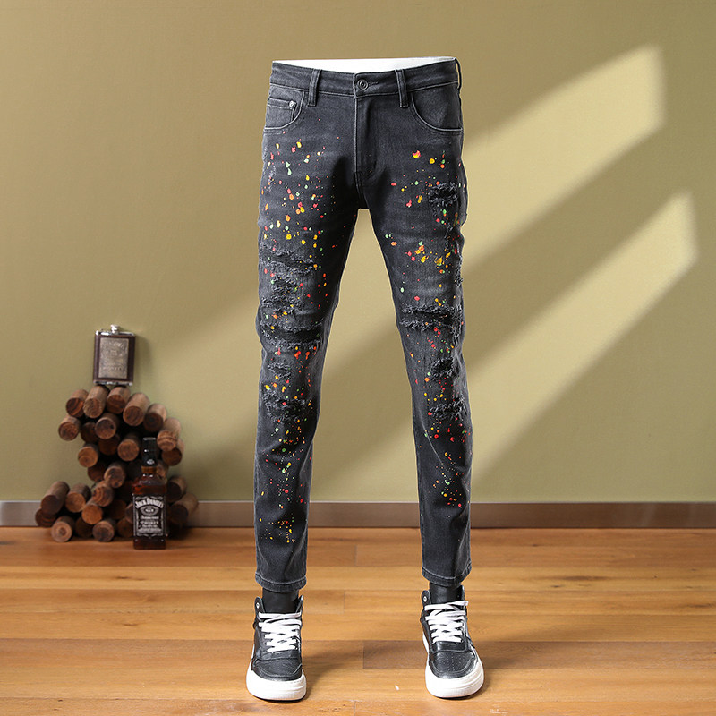 美式高街泼墨破洞黑色牛仔裤男款潮牌秋季痞帅修身小脚长裤子潮流