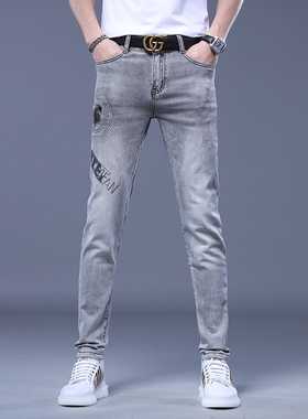 高端牛仔裤男士夏季薄款20244新款印花烫钻休闲修身小脚长裤子春