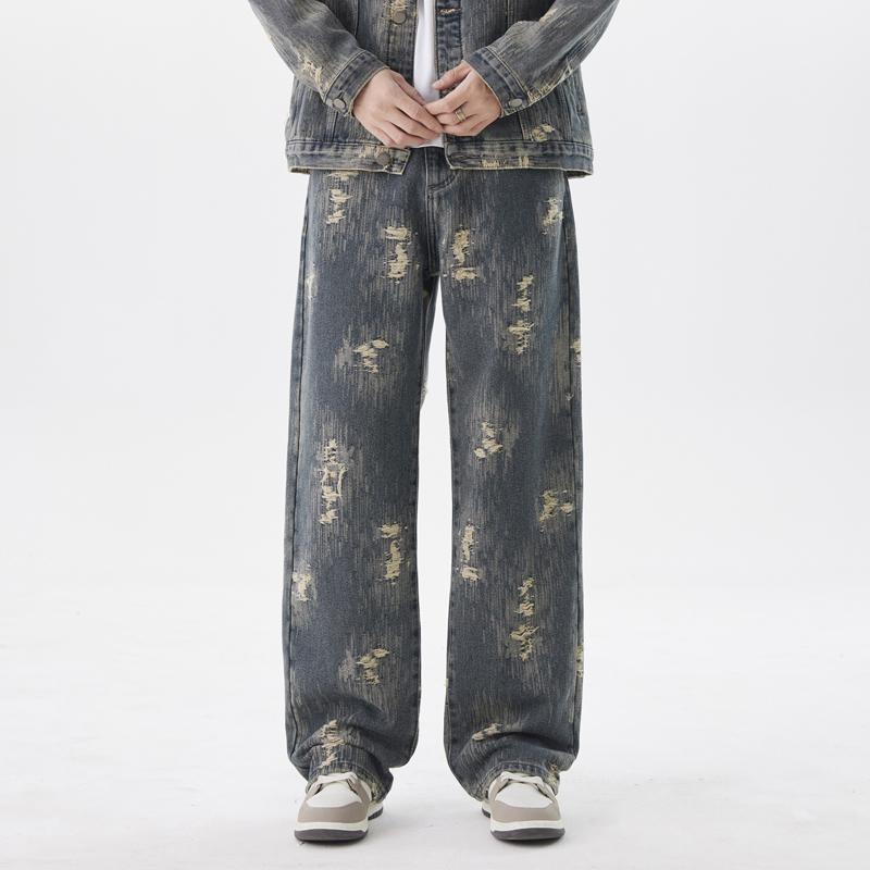 春秋季提花复古破洞牛仔裤长裤