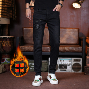 欧货秋冬季烫钻牛仔裤男潮流百搭修身小脚弹力加绒加厚休闲长裤子