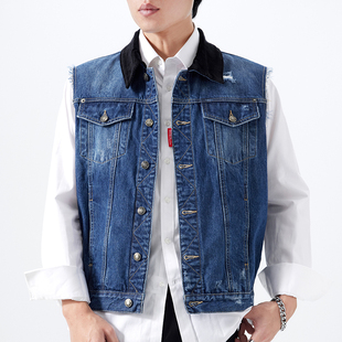 牛仔外套男款修身夹克坎肩大码背心潮无袖翻领拼料休闲百搭马甲男