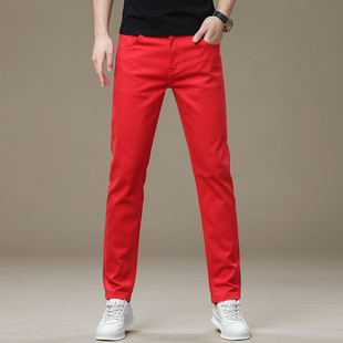 高端红色牛仔裤男款春秋季修身小直筒简约百搭弹力休闲潮流长裤子