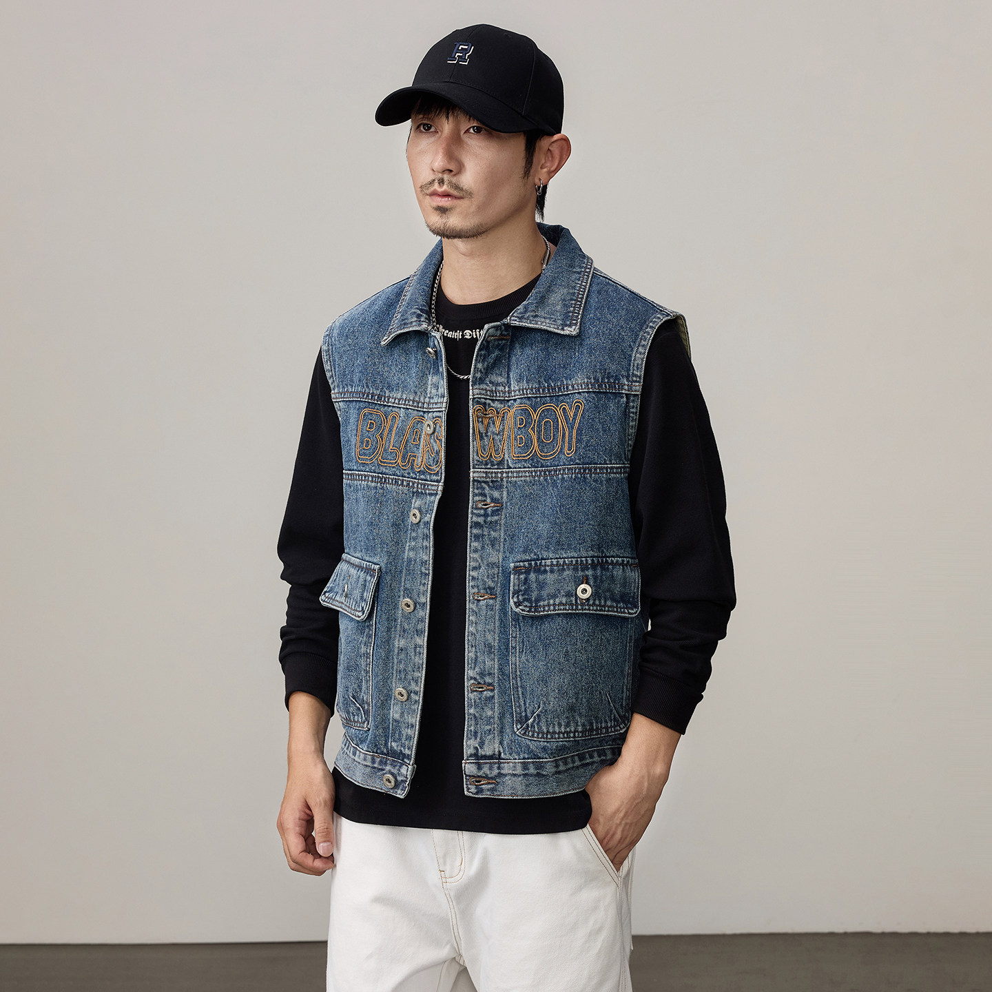 复古刺绣工装牛仔马甲男款宽松