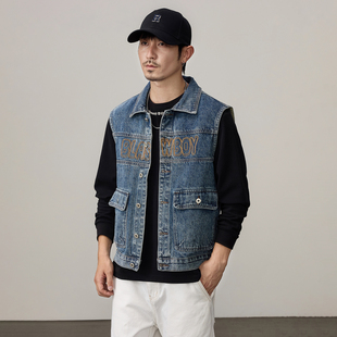 高端复古刺绣工装牛仔马甲男款加大宽松痞帅坎肩无袖背心休闲外套