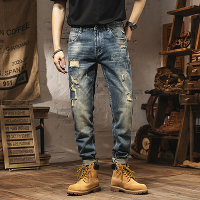 拉链做旧破洞百搭牛仔长裤
