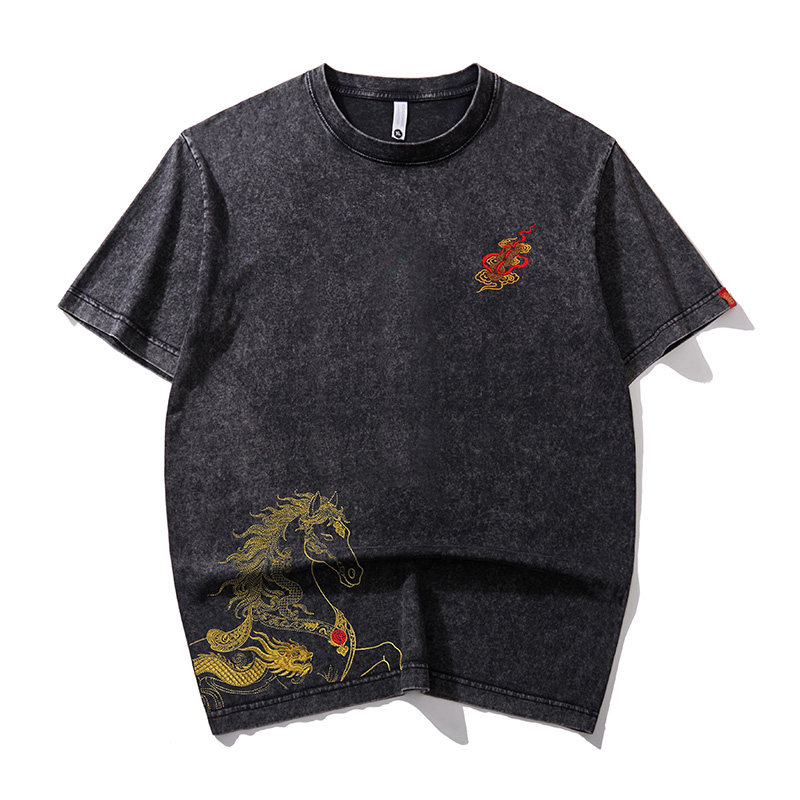 美式重磅刺绣一马当先短袖T恤男夏季宽松大码潮牌圆领半袖体恤男