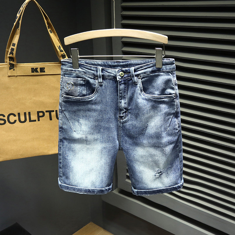 2022年新款破洞牛仔短裤男潮牌宽松直筒中裤男士五分裤子夏季薄款