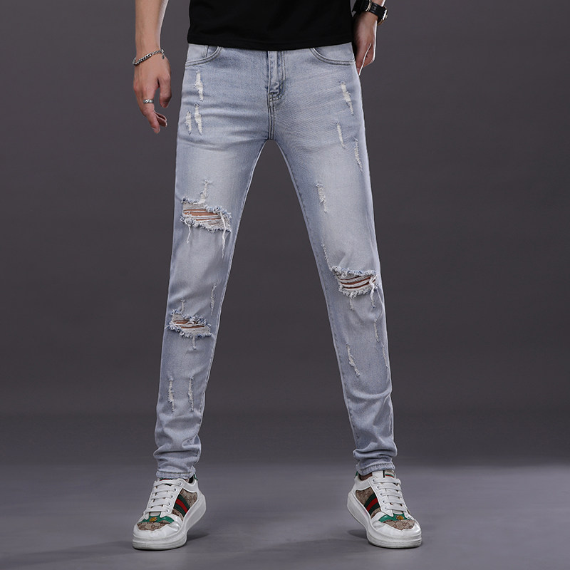 高端浅色破洞印花牛仔裤男款夏季薄款潮牌修身小脚休闲百搭长裤子