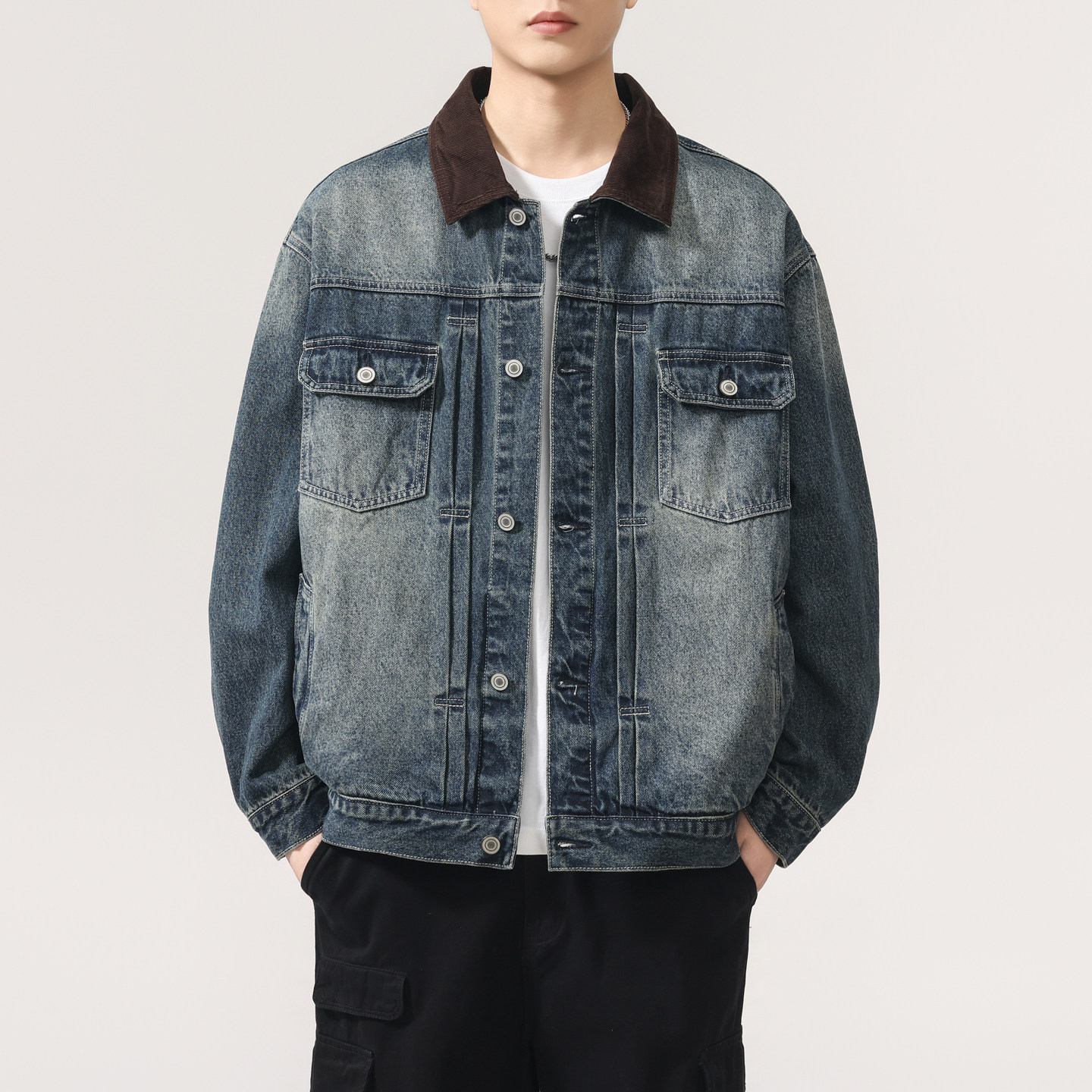 复古工装拼色牛仔外套男美式宽松潮牌水洗夹克上衣时尚潮流春秋款