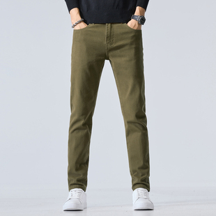 春秋新款复古工装牛仔裤男潮流军绿色修身小脚弹力休闲百搭长裤子