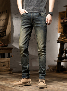 香港复古做旧牛仔裤男士泥黄色修身直筒长裤韩版潮流高端休闲男裤